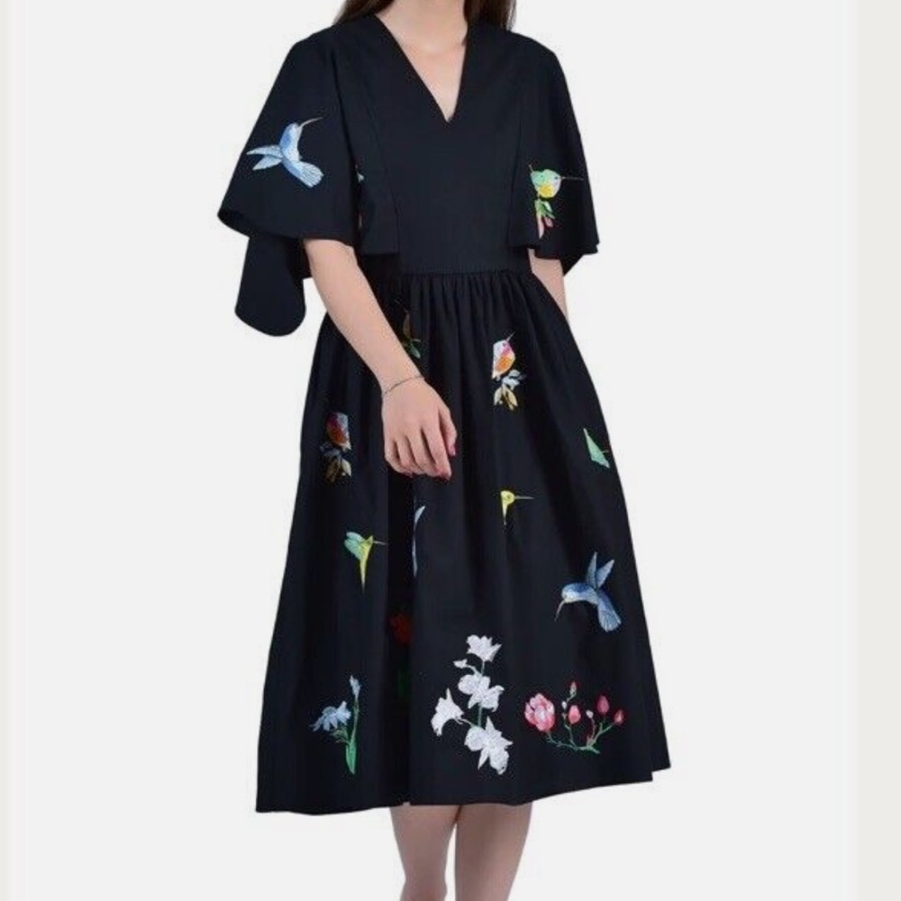 Fanm Mon Swazo Bell Sleeve dress with Bird Embroidery